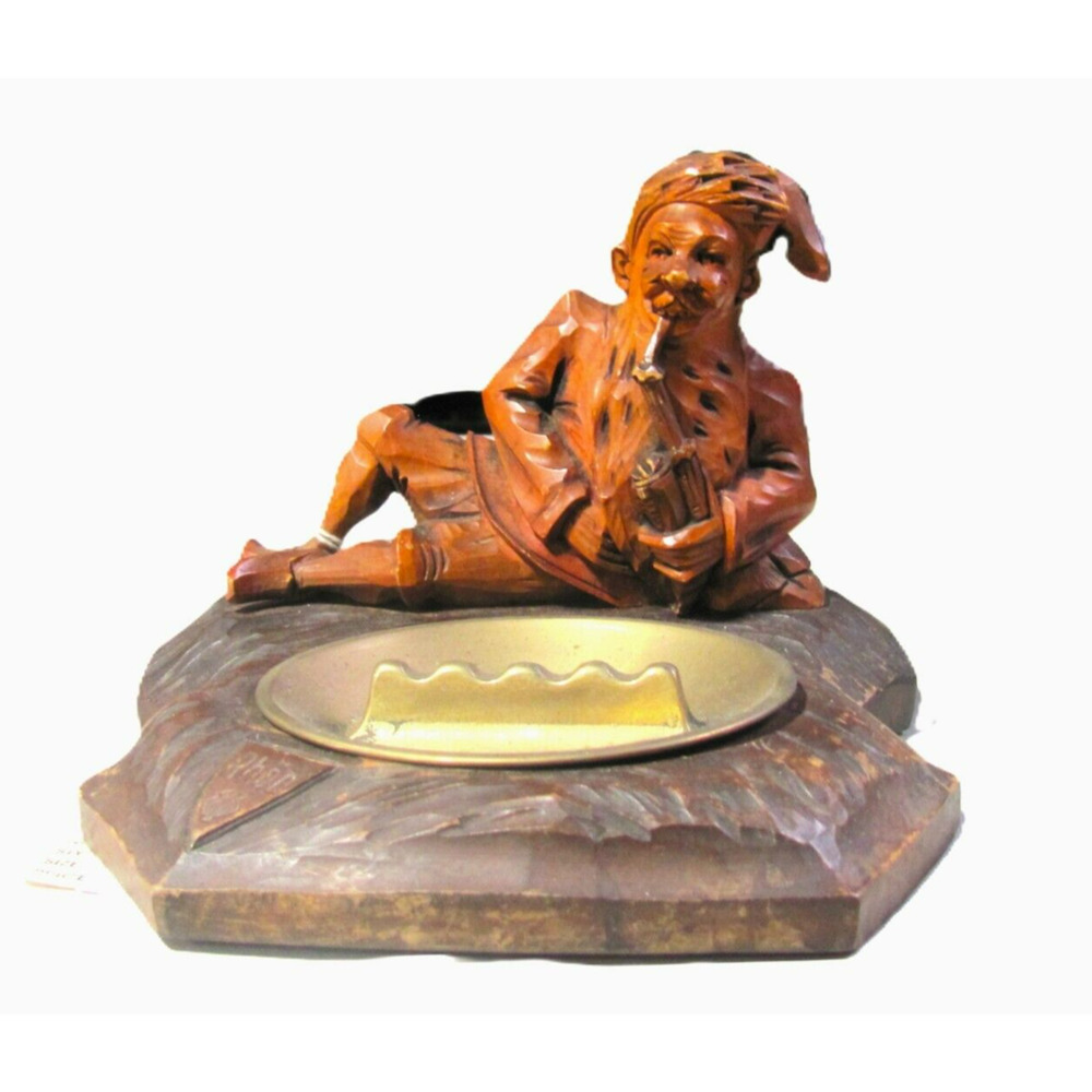 ASHTRAY Black Forest Gnome vntg hand made signed exotic wood with brass ashtray